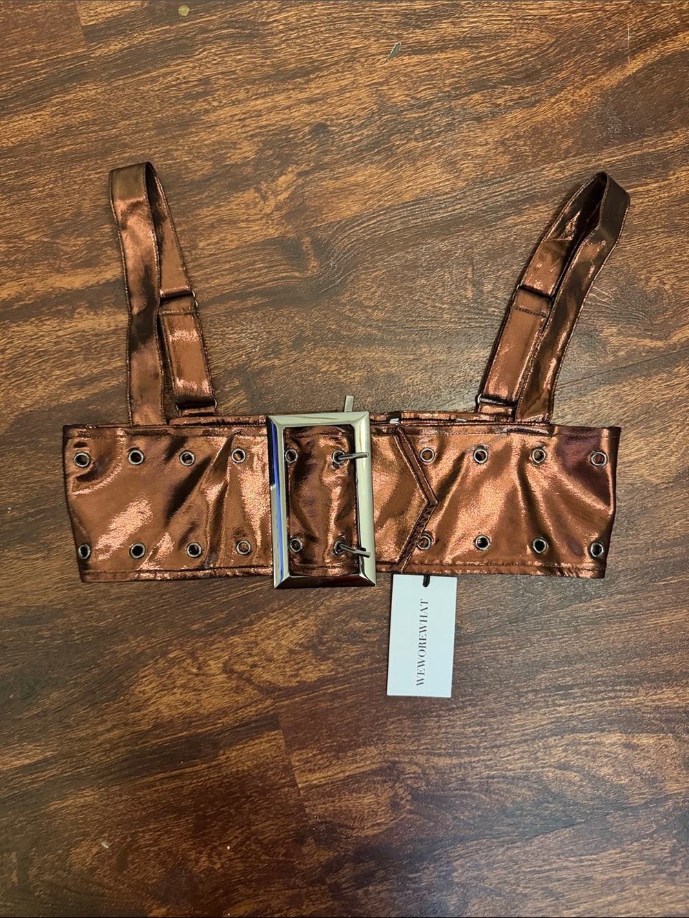 WeWoreWhat Metallic Copper Buckle Crop Top